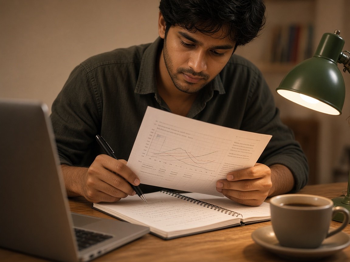 A student studying a printed chart and writing notes