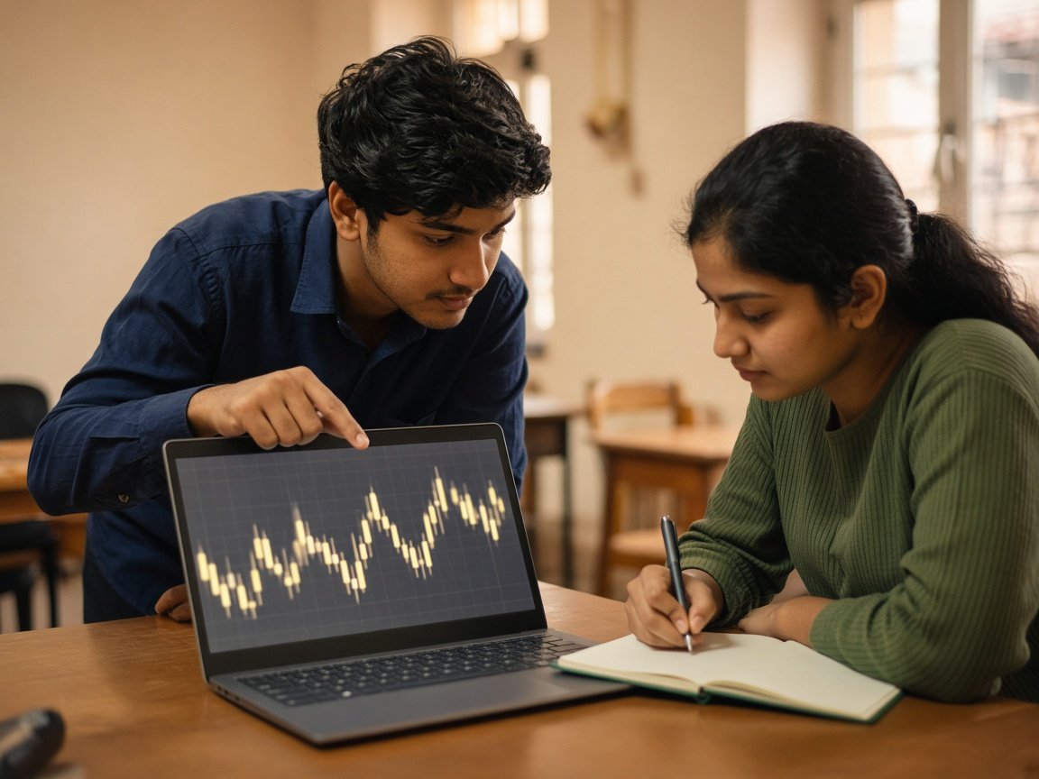 Two students reviewing a chart while one takes notes